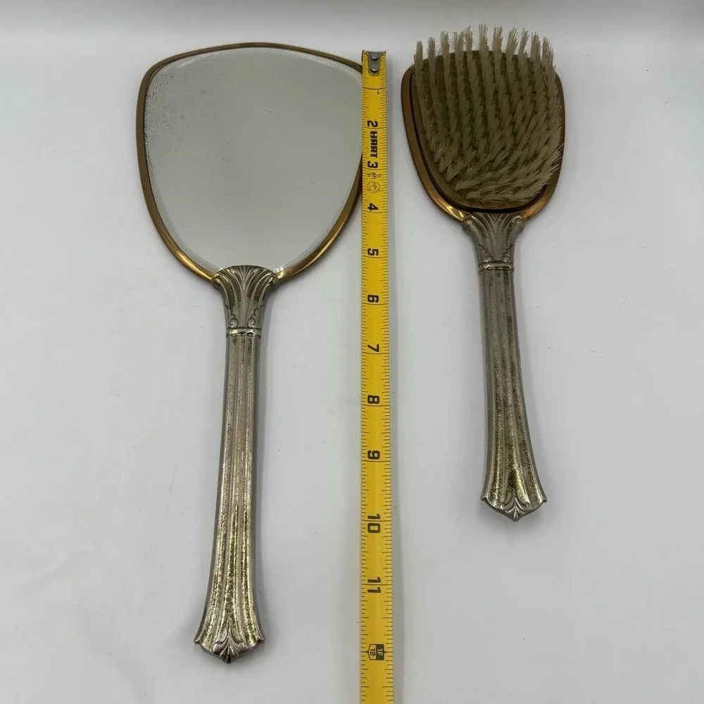 Vintage Victorian Style Vanity Hand Mirror And Brush Set Silver and Gold Tone‎